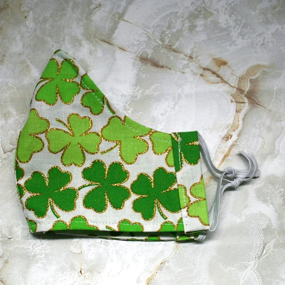HAND CRAFTED Face Mask Green Shamrock Adult Cloth Fabric Print - Shield Style